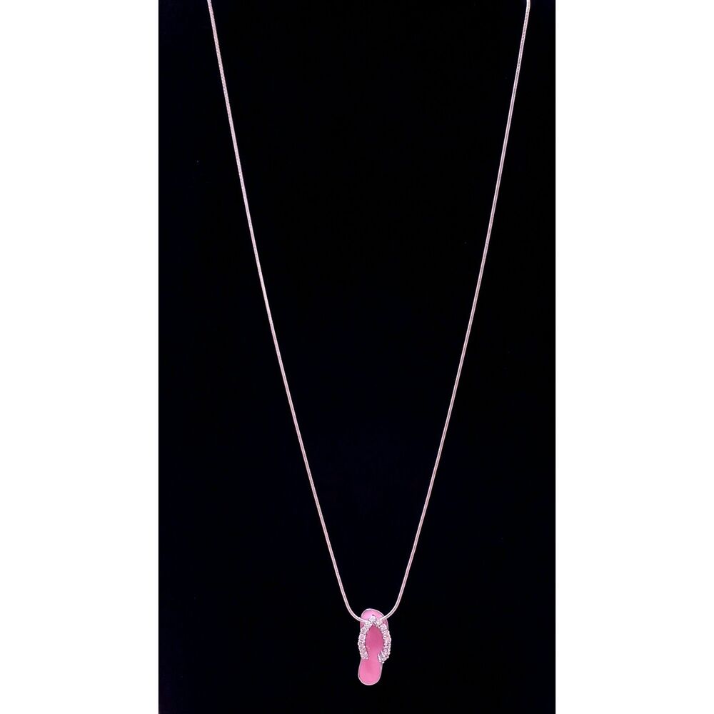 Beachy Summer Sterling Silver Pink Flip Flop Rhinestone Pendant and Necklace 925 - Picture 3 of 5